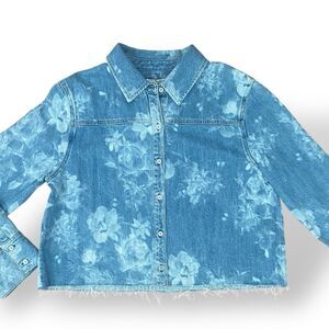 Alice + Olivia Finely Raw Hem Button Down Jean Shirt Jacket Women L Lotus Floral